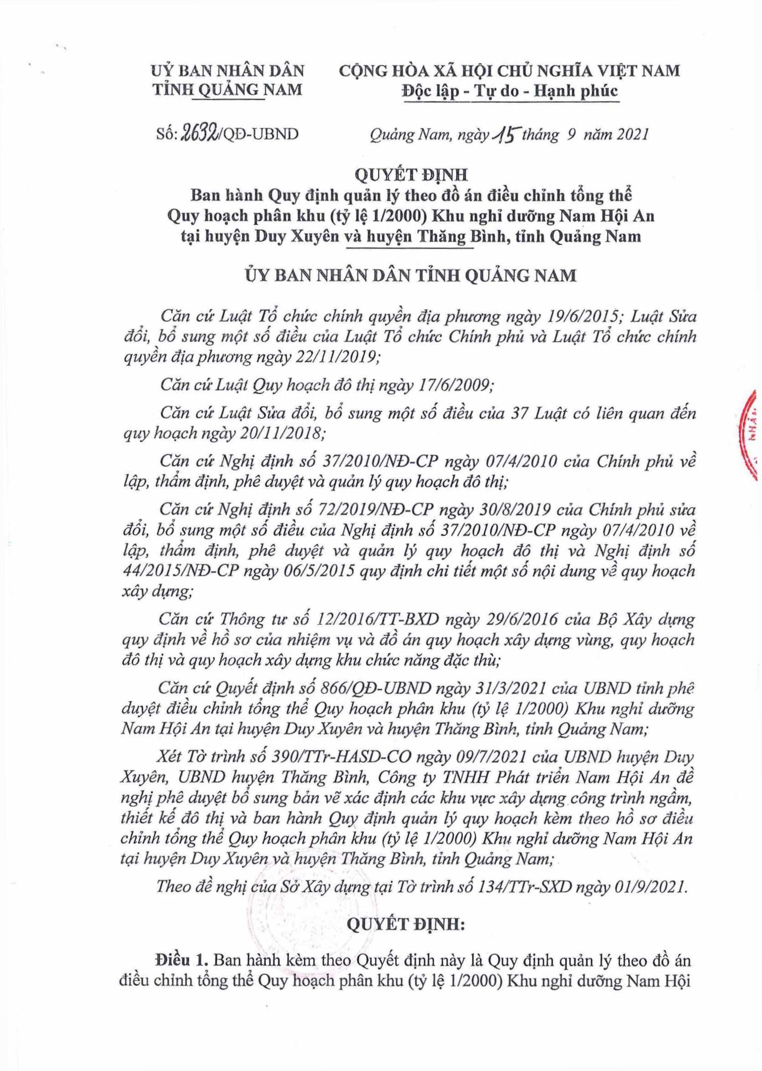 Quyết định Ban hành Quy định quản lý theo đồ án điều chỉnh tổng thể Quy hoạch phân khu (tỷ lệ 1/2000) Khu nghỉ dưỡng Nam Hội An tại huyện Duy Xuyên và huyện Thăng Bình, tỉnh Quảng Nam